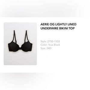 Aerie OG Lightly Lined Underwire Bikini Top. Size 34D. Color Black.